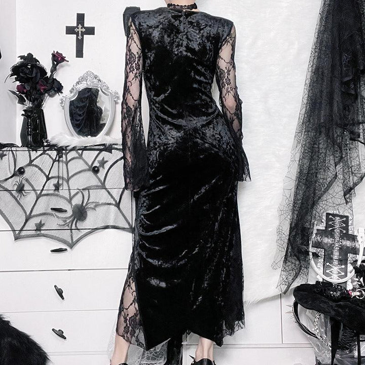 a woman wear a red and black prom lace long sleeve gothic dress