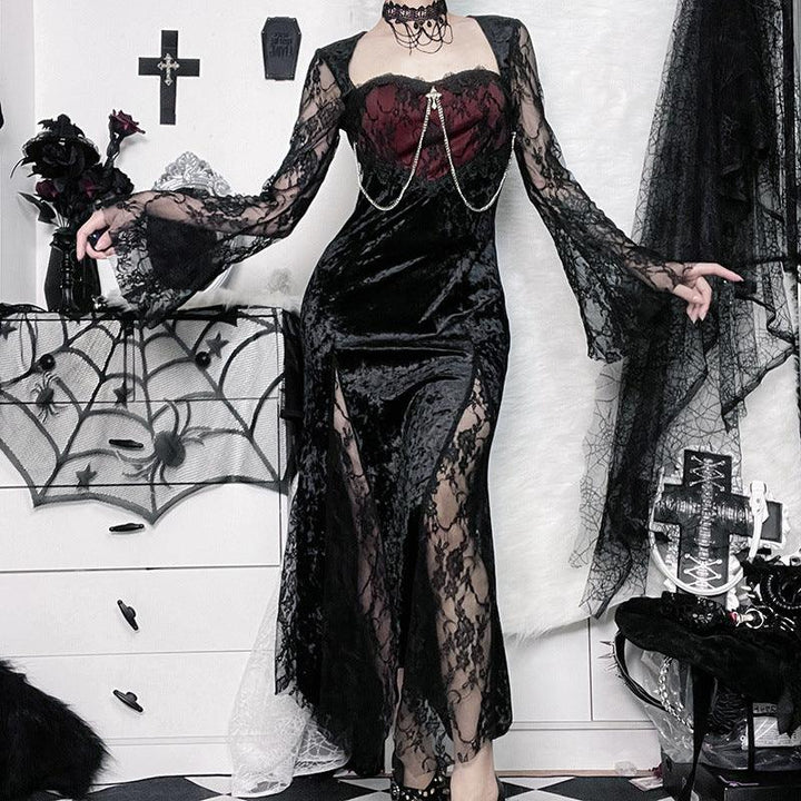a woman wear a red and black prom lace long sleeve gothic dress