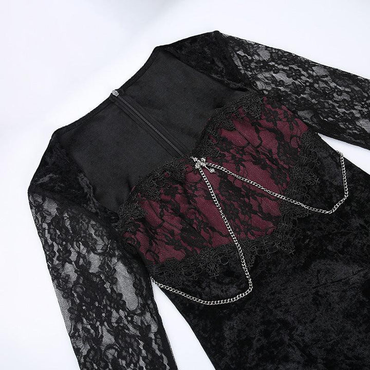 details of a red and black prom lace long sleeve gothic dress