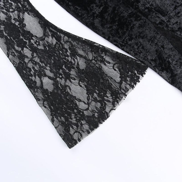 details of a red and black prom lace long sleeve gothic dress