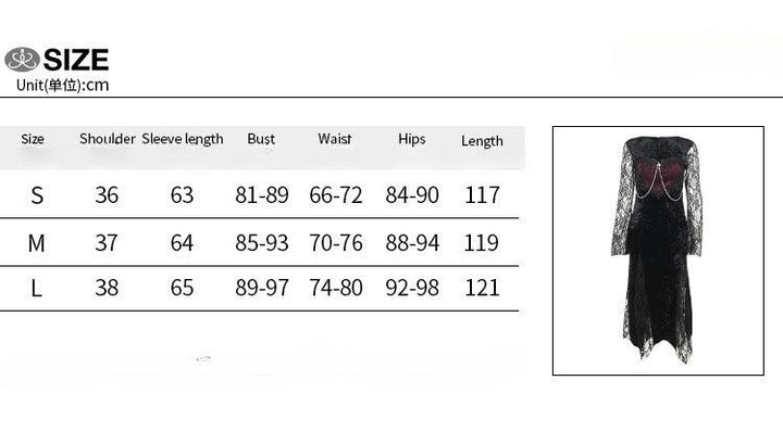 size chart of a red and black prom lace long sleeve gothic dress