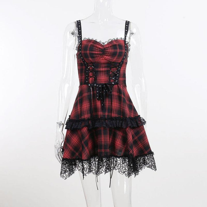 details of a red and black gothic corset dress