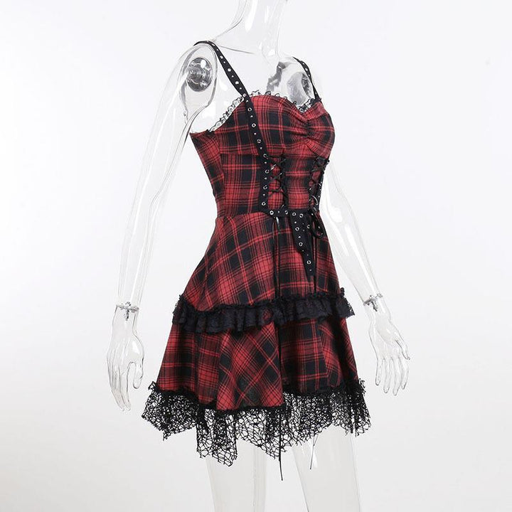 details of a red and black gothic corset dress