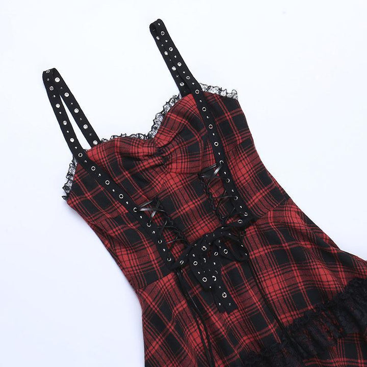 details of a red and black gothic corset dress