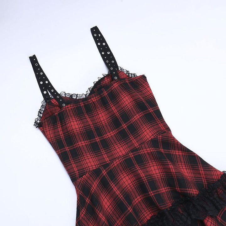 details of a red and black gothic corset dress