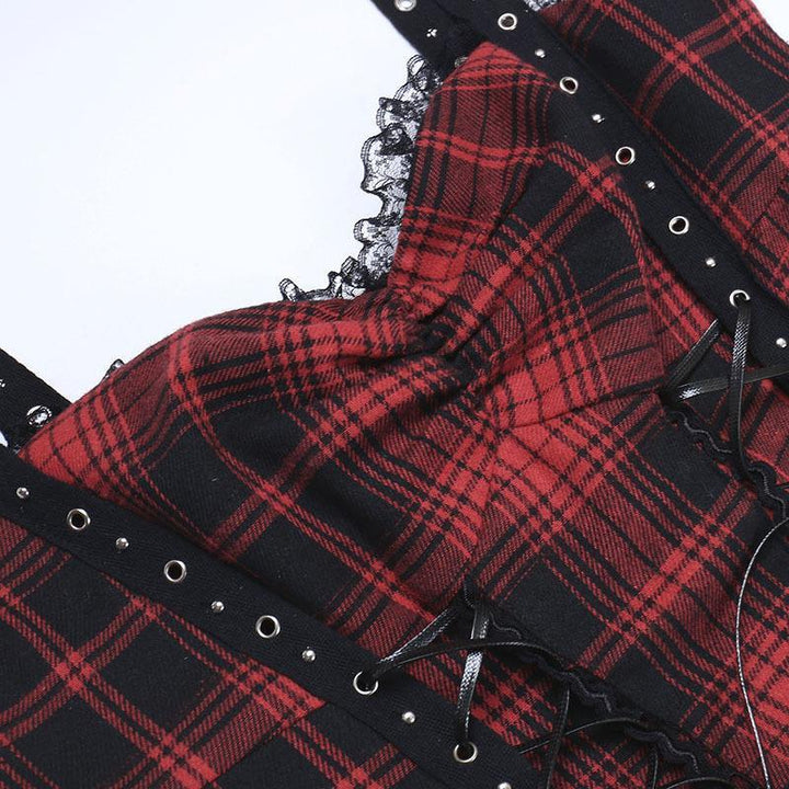 details of a red and black gothic corset dress