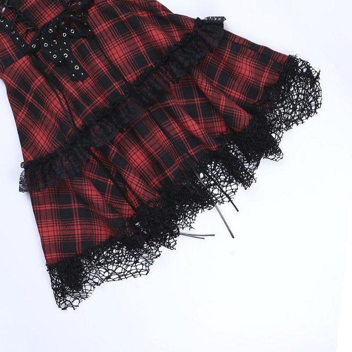 details of a red and black gothic corset dress