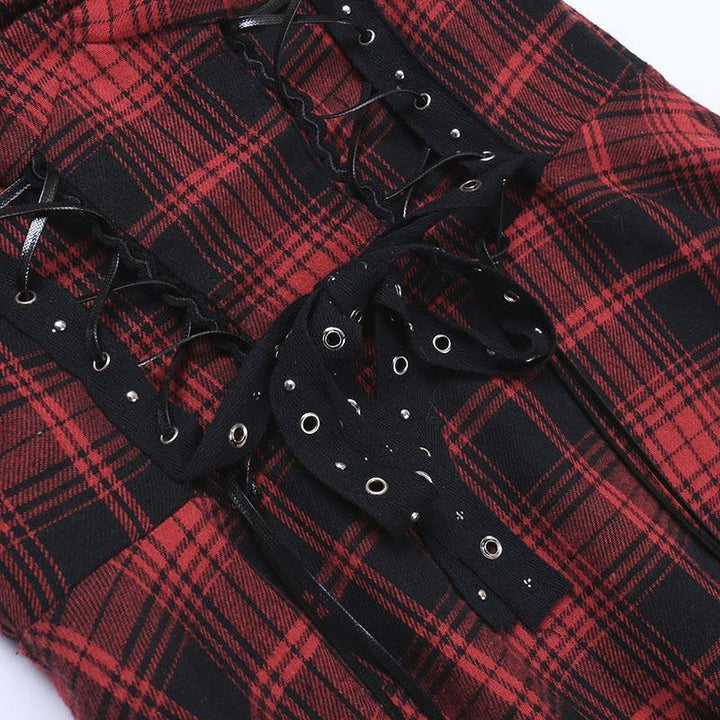 details of a red and black gothic corset dress