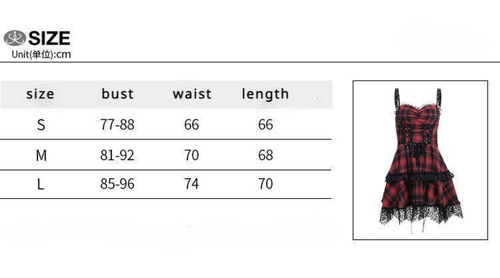 size chart of a red and black gothic corset dress