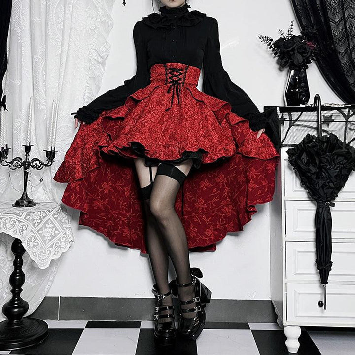 a woman wear a red gothic sexy lace midi skirt