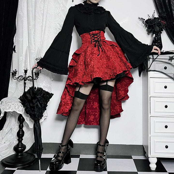 a woman wear a red gothic sexy lace midi skirt