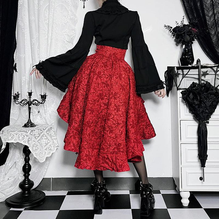 a woman wear a red gothic sexy lace midi skirt