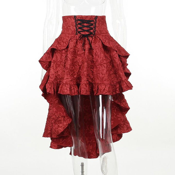 details of red gothic sexy lace midi skirt