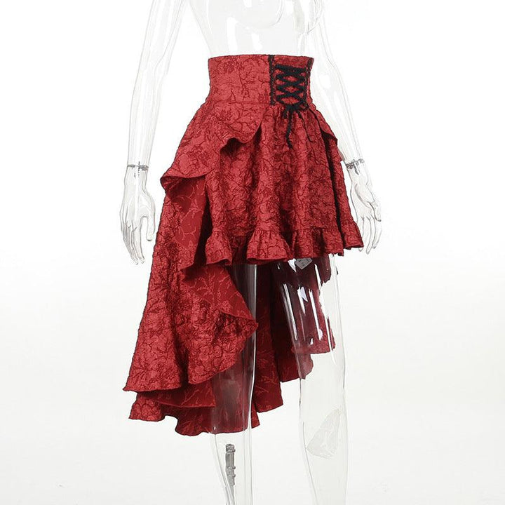 details of red gothic sexy lace midi skirt