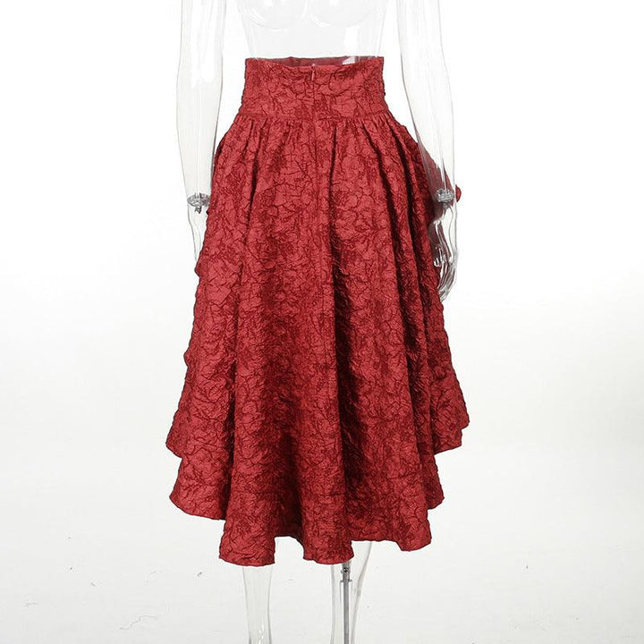 details of red gothic sexy lace midi skirt