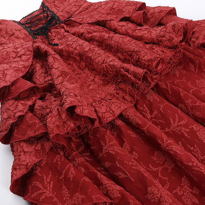 details of red gothic sexy lace midi skirt