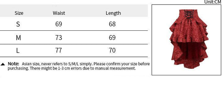 size chart of red gothic sexy lace midi skirt