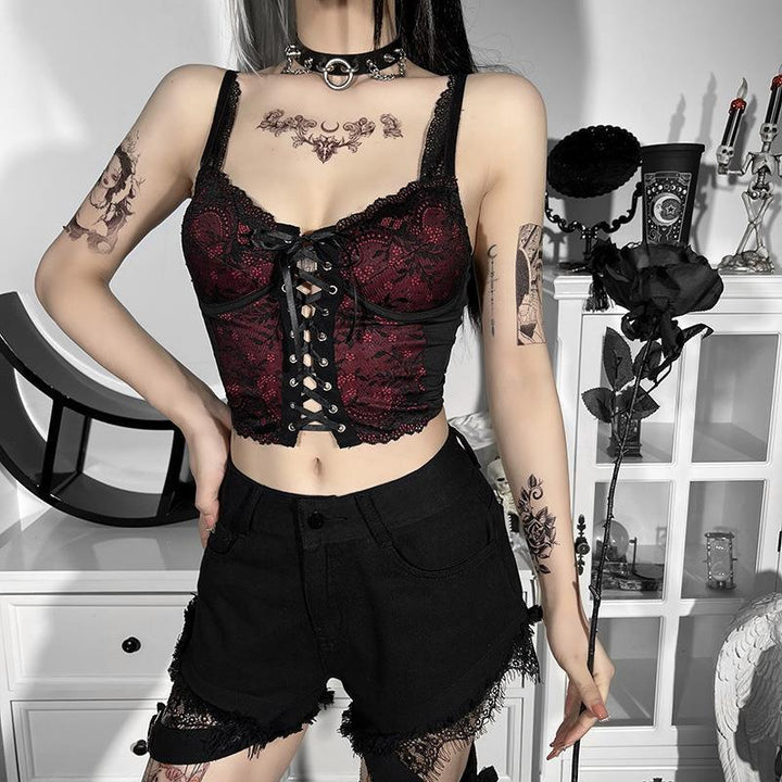 a woman wear a sexy lace black and red gothic backless strappy tank top