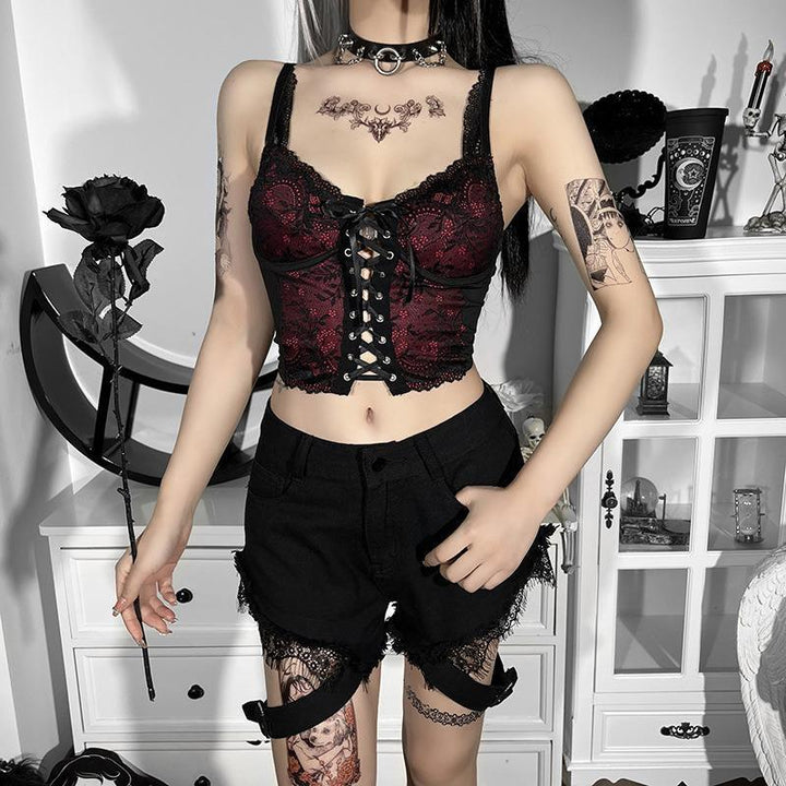 a woman wear a sexy lace black and red gothic backless strappy tank top