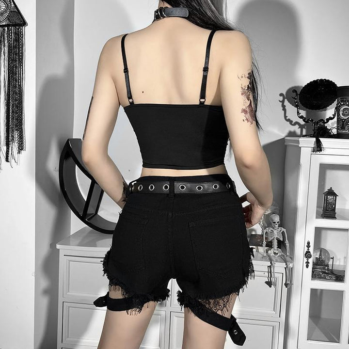 a woman wear a sexy lace black and red gothic backless strappy tank top