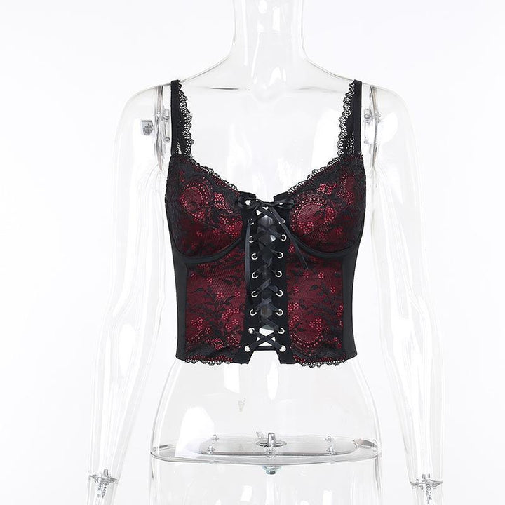 details of a sexy lace black and red gothic backless strappy tank top