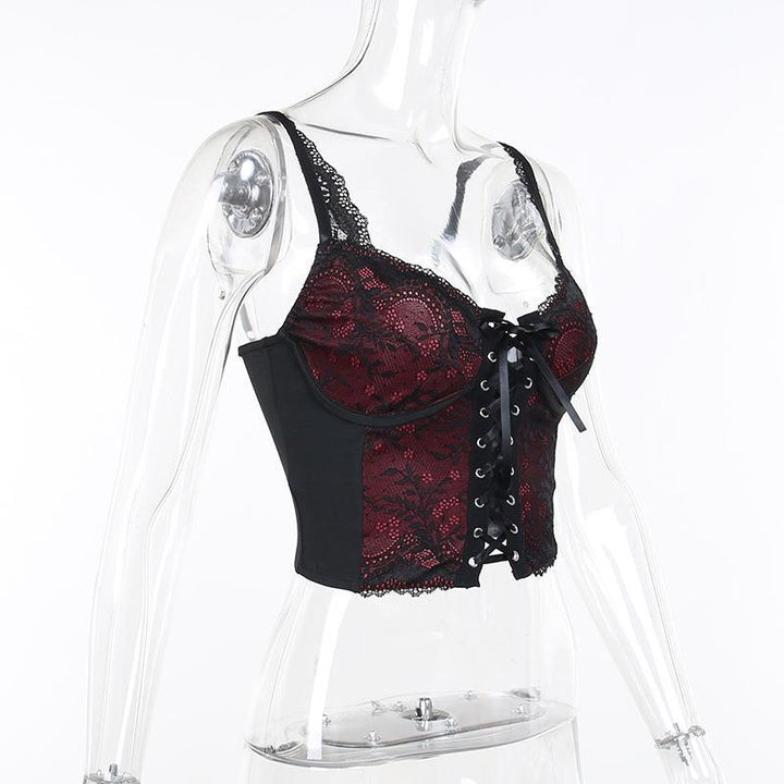 details of a sexy lace black and red gothic backless strappy tank top