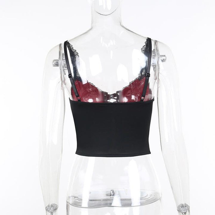 details of a sexy lace black and red gothic backless strappy tank top