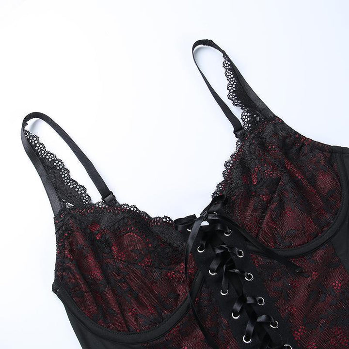 details of a sexy lace black and red gothic backless strappy tank top
