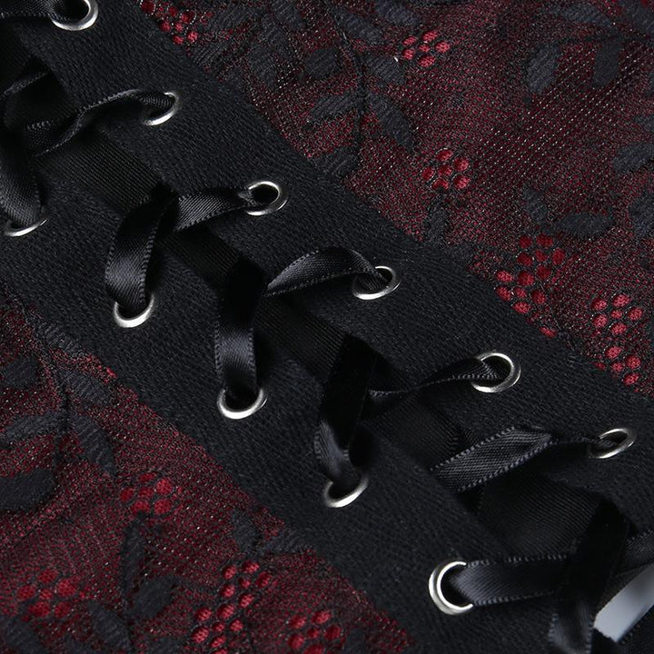 details of a sexy lace black and red gothic backless strappy tank top