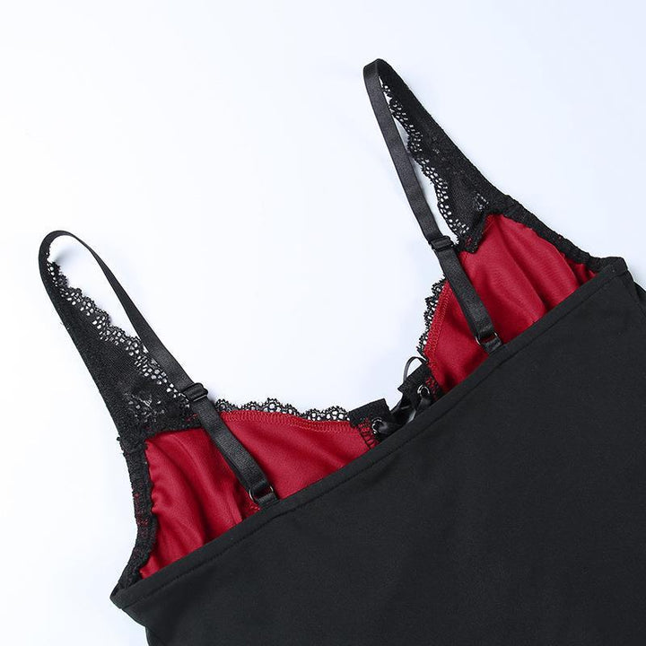 details of a sexy lace black and red gothic backless strappy tank top