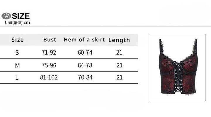 size chart of a sexy lace black and red gothic backless strappy tank top