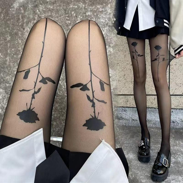 details of sexy rose flower black pantyhose