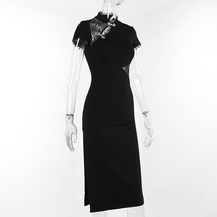 details of a short sleeve long black gothic dress