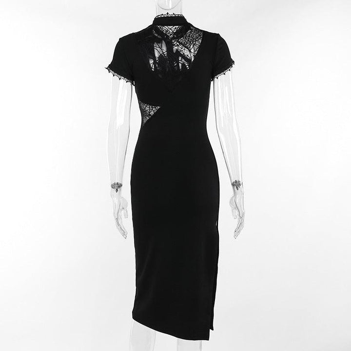 details of a short sleeve long black gothic dress