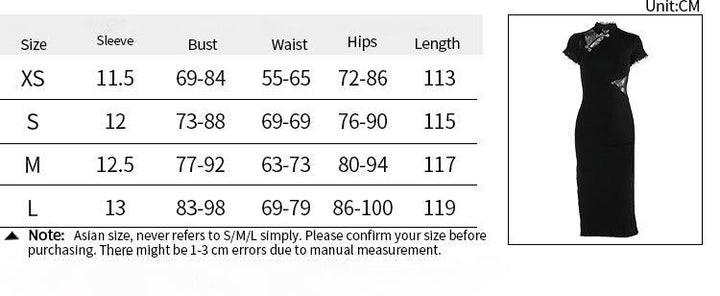 size chart of a short sleeve long black gothic dress
