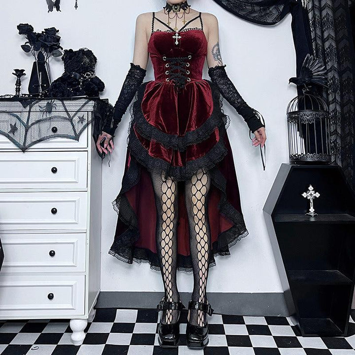 a woman wear a sleeveless red gothic lolita dress