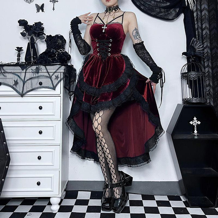 a woman wear a sleeveless red gothic lolita dress