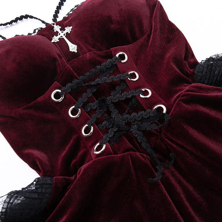 details of a sleeveless red gothic lolita dress