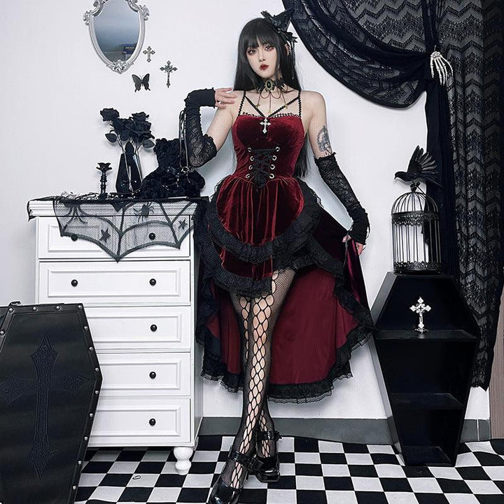 a woman wear a sleeveless red gothic lolita dress