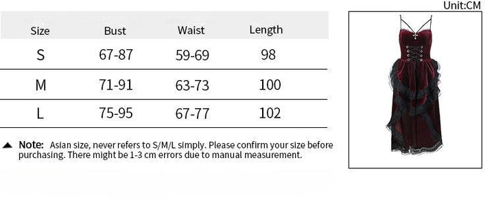 size chart of a sleeveless red gothic lolita dress