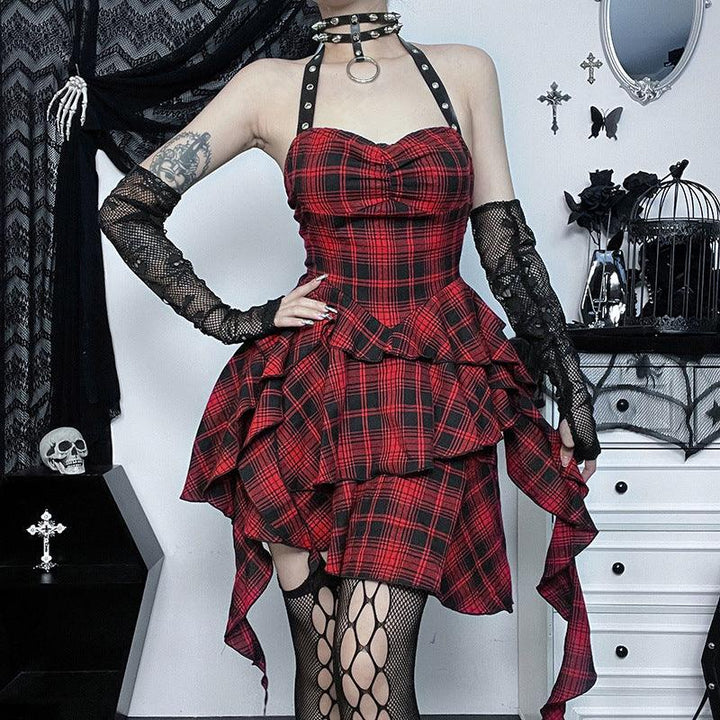 a woman wear a sleeveless red gothic lolita dress