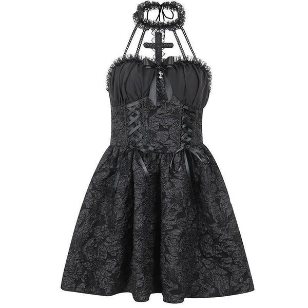 a sleeveless short black gothic vampire dress