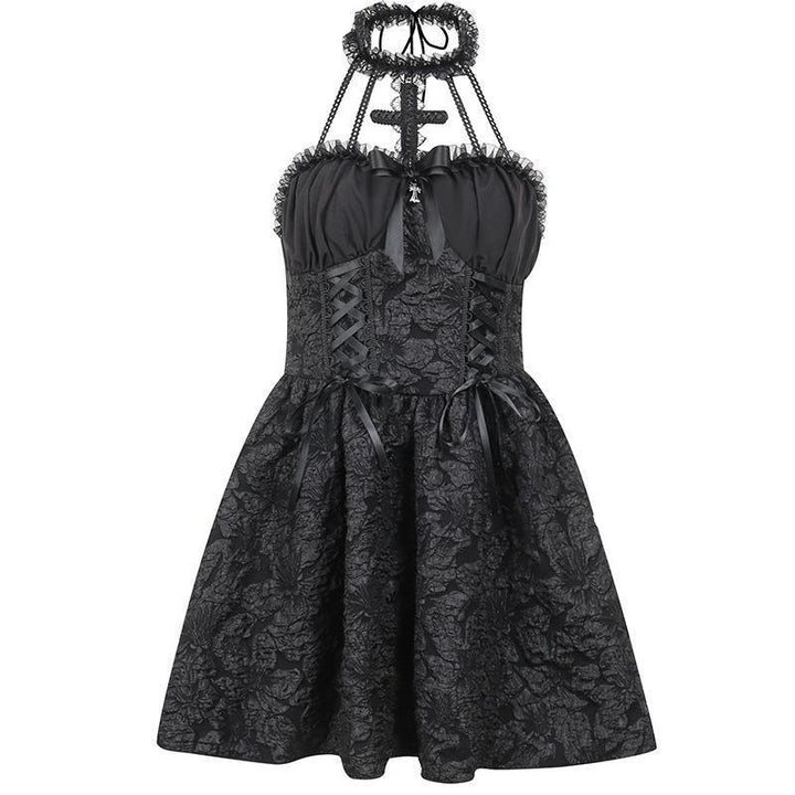 a sleeveless short black gothic vampire dress