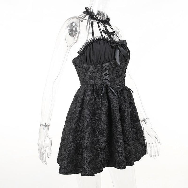 details of a sleeveless short black gothic vampire dress