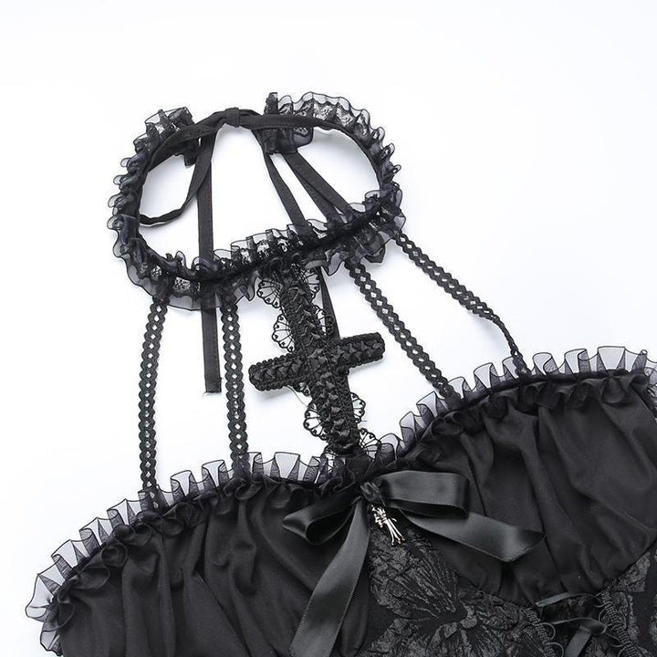 details of a sleeveless short black gothic vampire dress