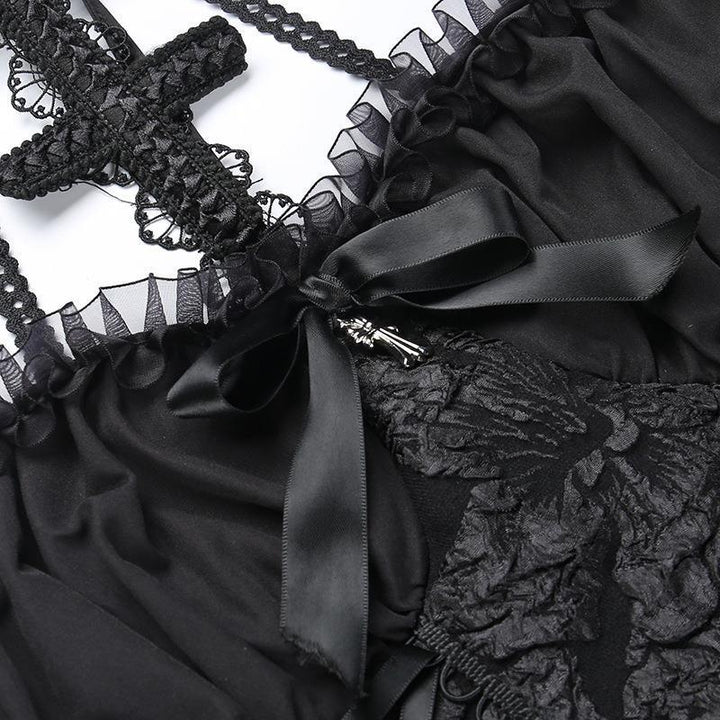 details of a sleeveless short black gothic vampire dress