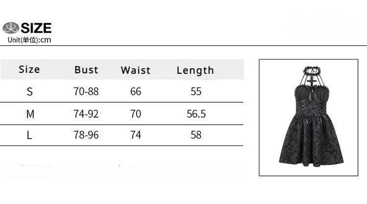 size chart of a sleeveless short black gothic vampire dress