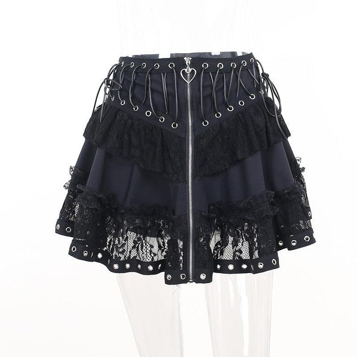 details of a steampunk gothic black lace short dress with rivets and zipper