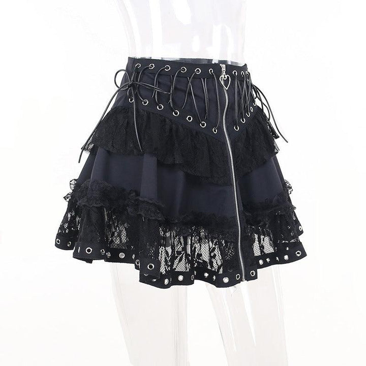 details of a steampunk gothic black lace short dress with rivets and zipper