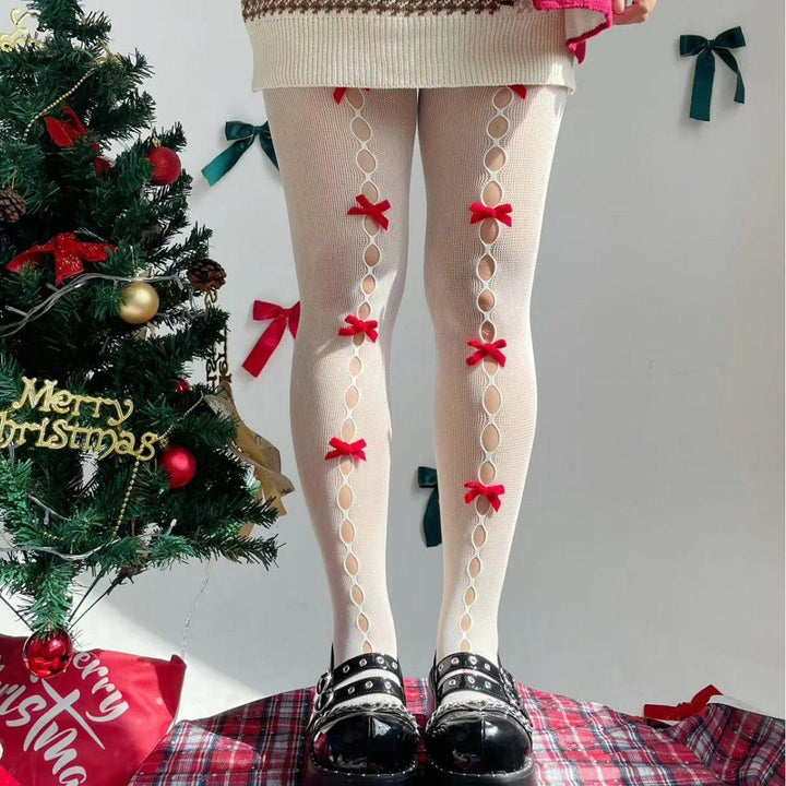 white and red velvet handmade bowknot cutout leggings